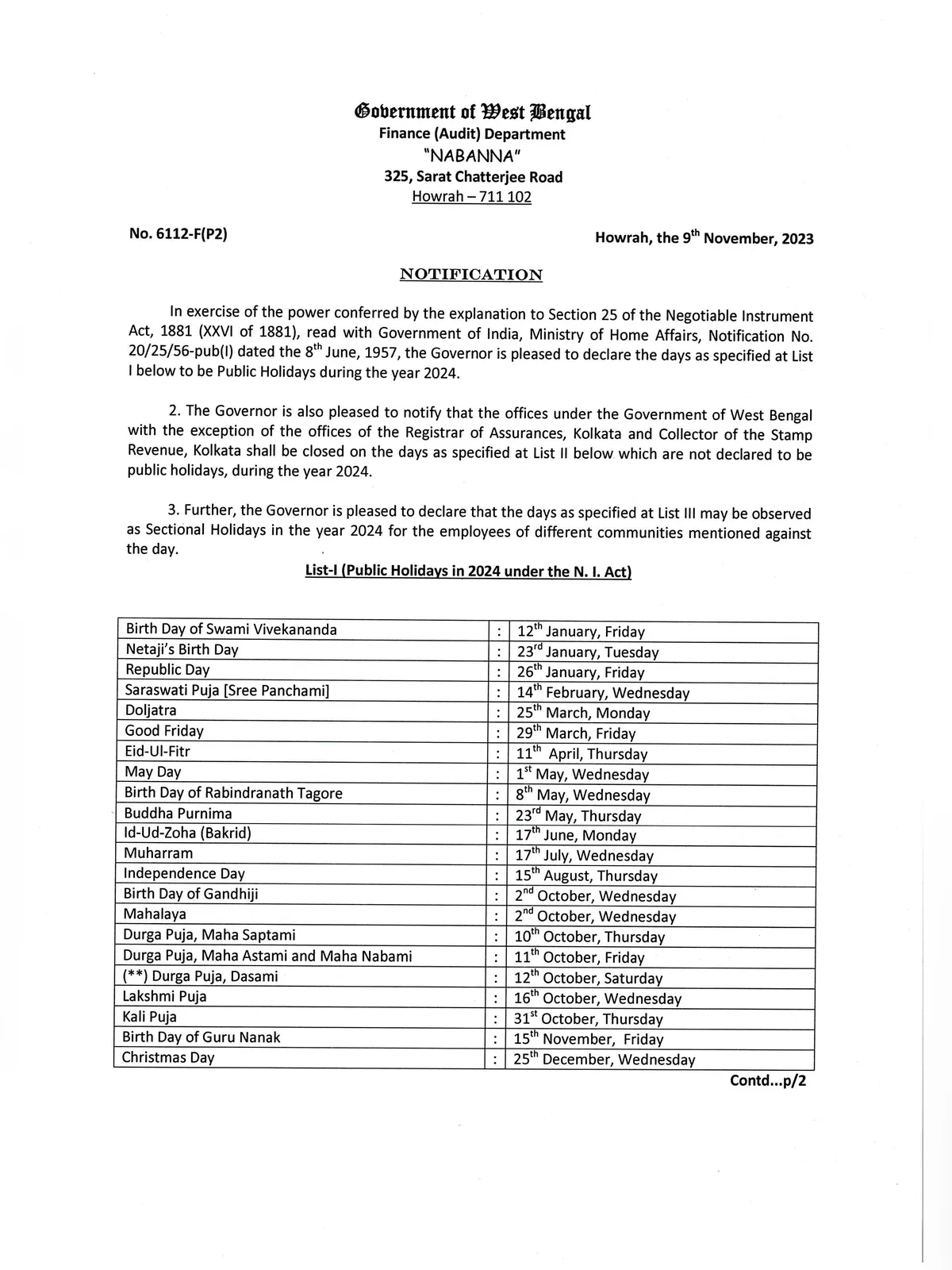 West Bengal Government Holiday List 2024