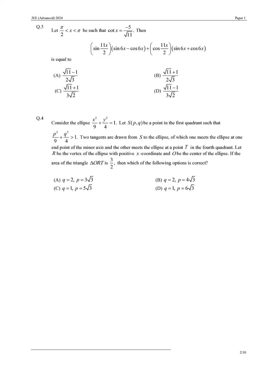 2nd Page of JEE Advanced 2024 Question Paper 1 PDF