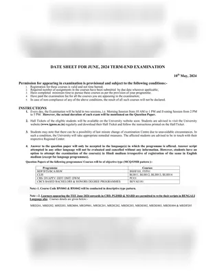 IGNOU June 2024 Exam Date Sheet PDF