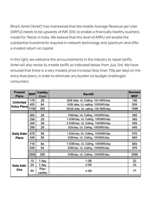 Airtel New Plan List July 2024 PDF