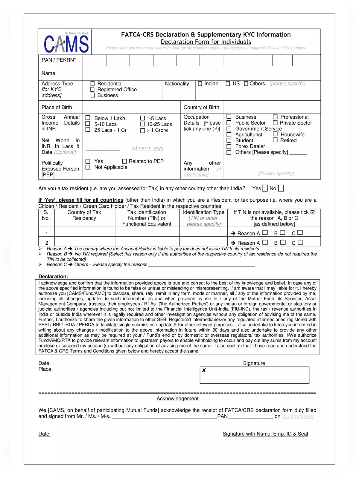 CAMS FATCA Form PDF - InstaPDF