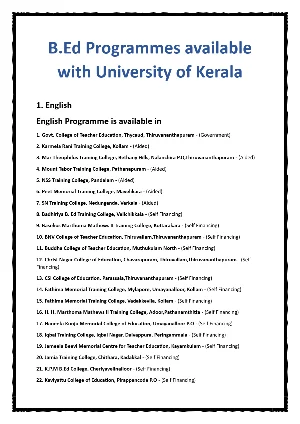 Kerala University B.eD Colleges List English