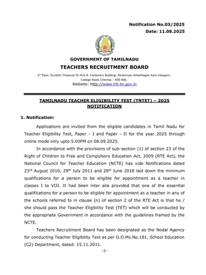TNTET Notification 2025 English