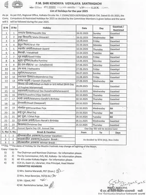 KVS Holiday List 2023-24 