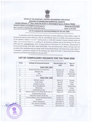 West Bengal Govt Holiday List 2026 English