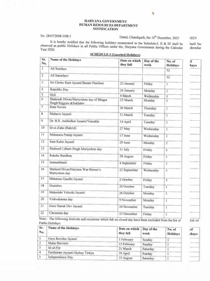 Haryana Govt Holidays List 2026 English