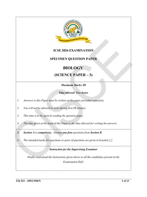 ICSE Class 10 Biology Specimen Question Paper 2026 English
