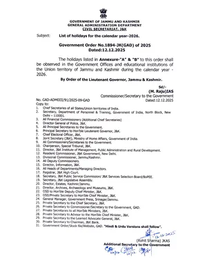 List of Holidays 2026 Jammu and Kashmir English