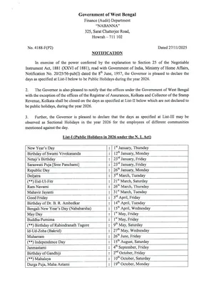 WBBSE Holiday List 2026 English