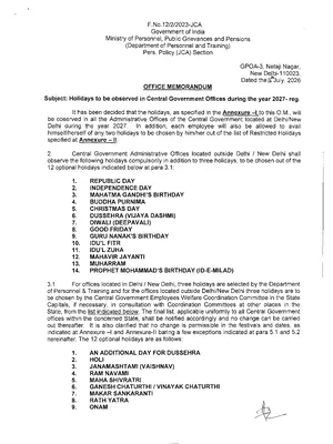Central Government Holiday List 2027 English