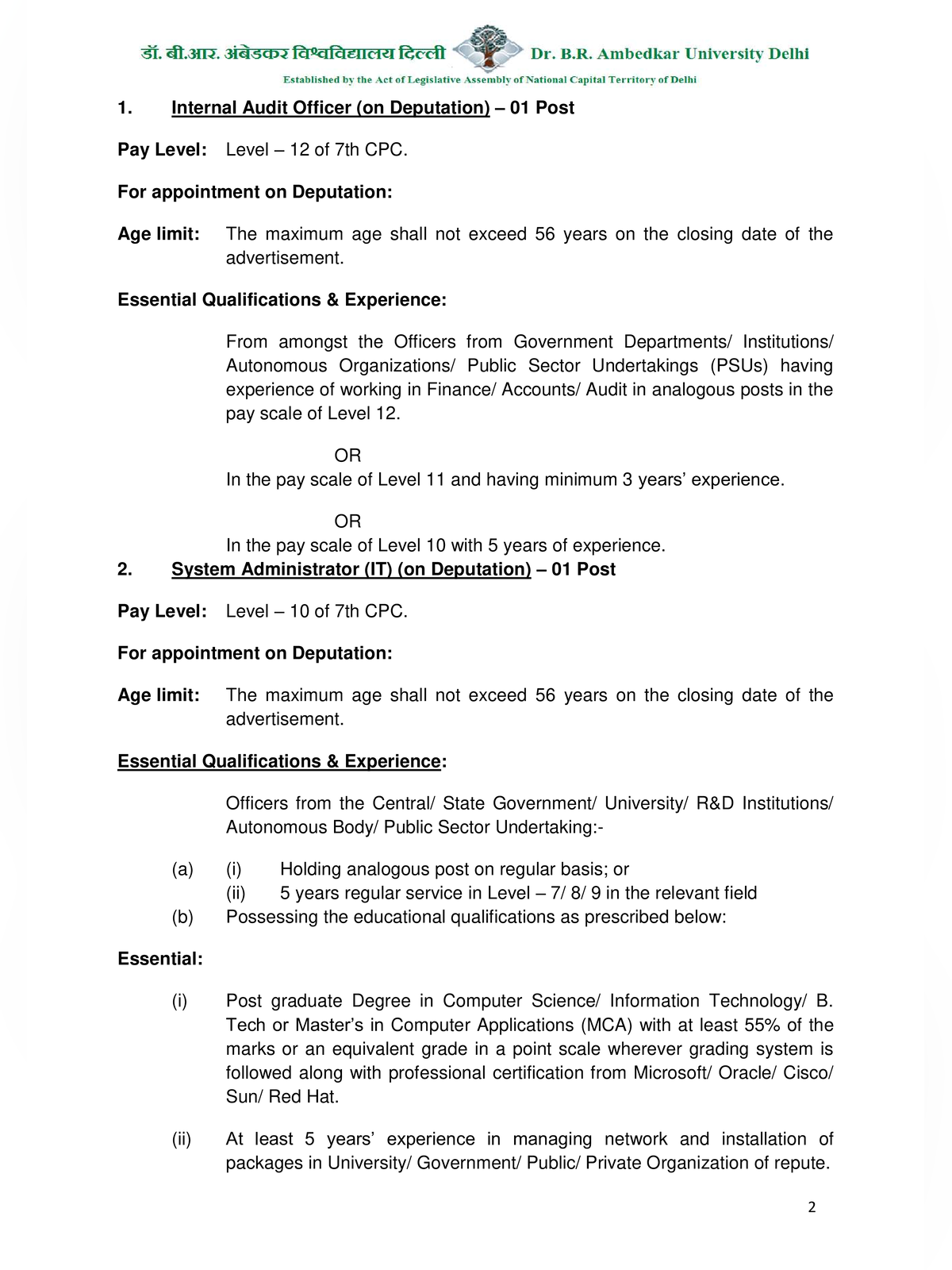 AUD Delhi Non-Teaching Recruitment 2026 Notification page 2