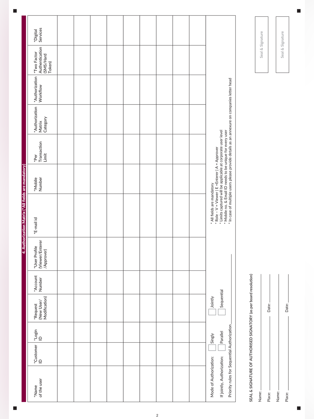 Axis Bank Corporate Net Banking Form page 2