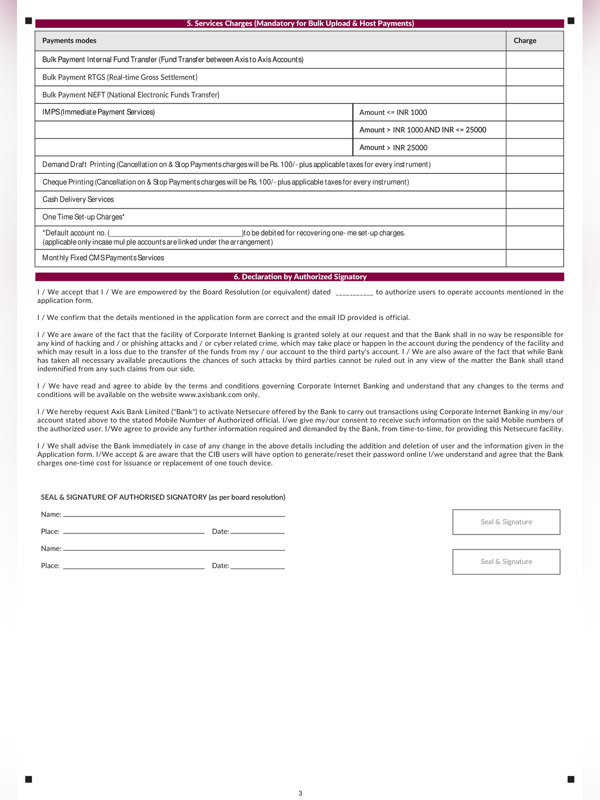 Axis Bank Corporate Net Banking Form page 3
