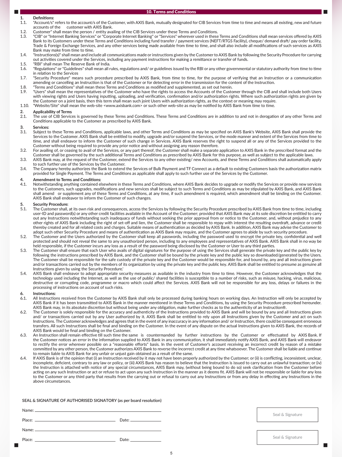 Axis Bank Corporate Net Banking Form page 5