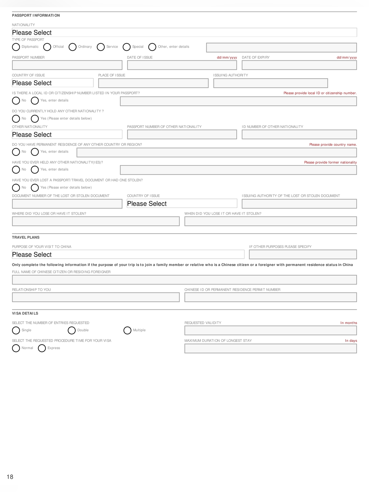 China Visa Application Form page 2