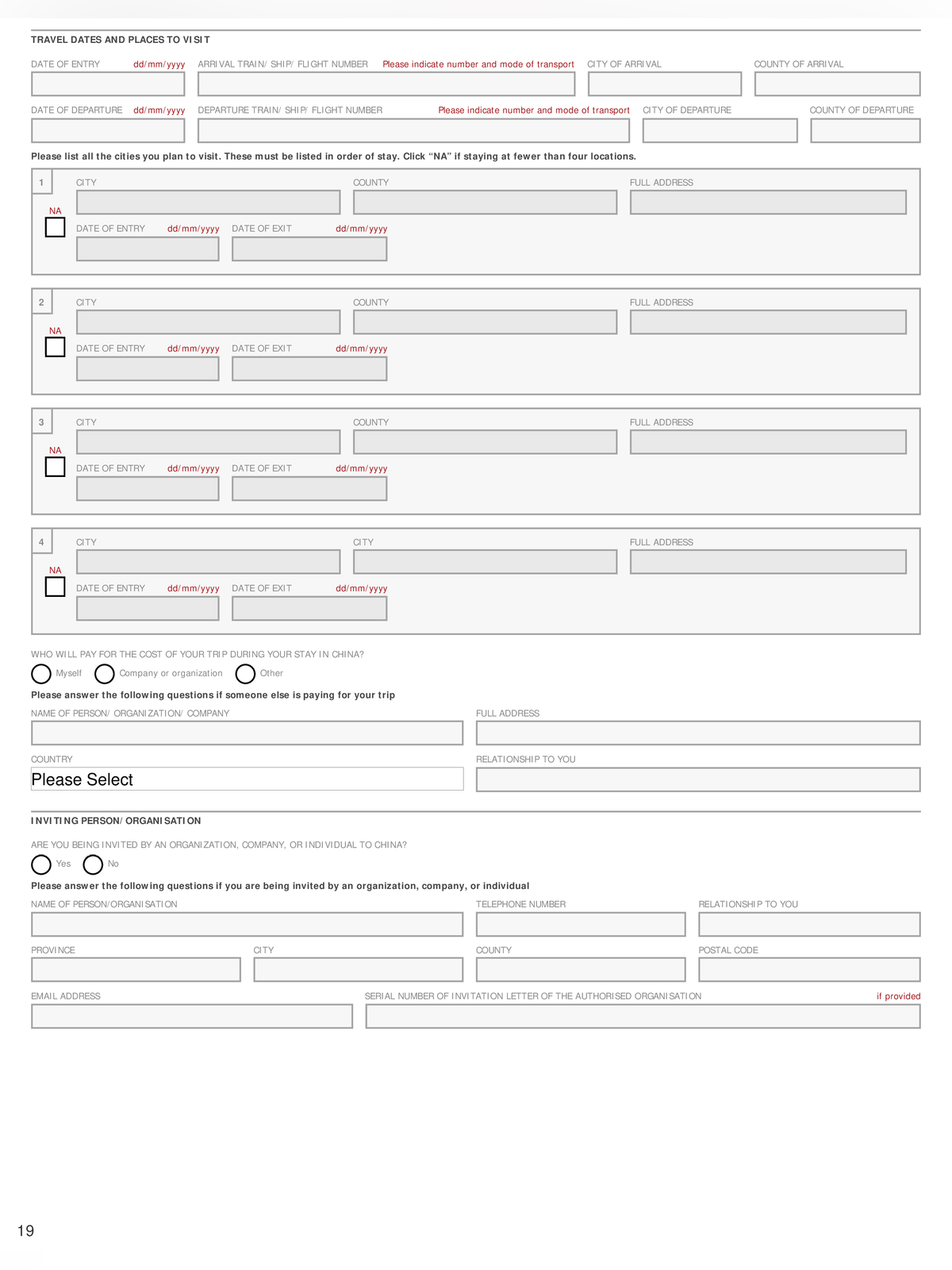 China Visa Application Form page 3