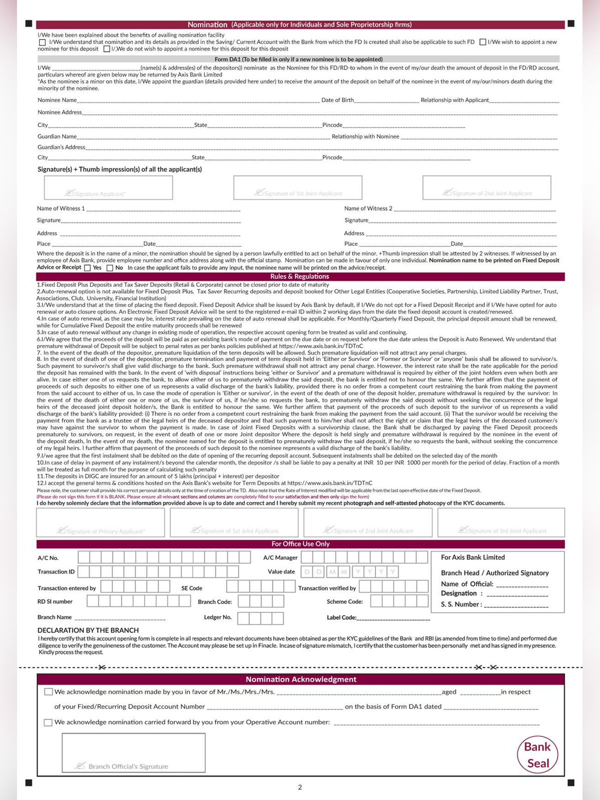 FD Closure Form Axis Bank page 2