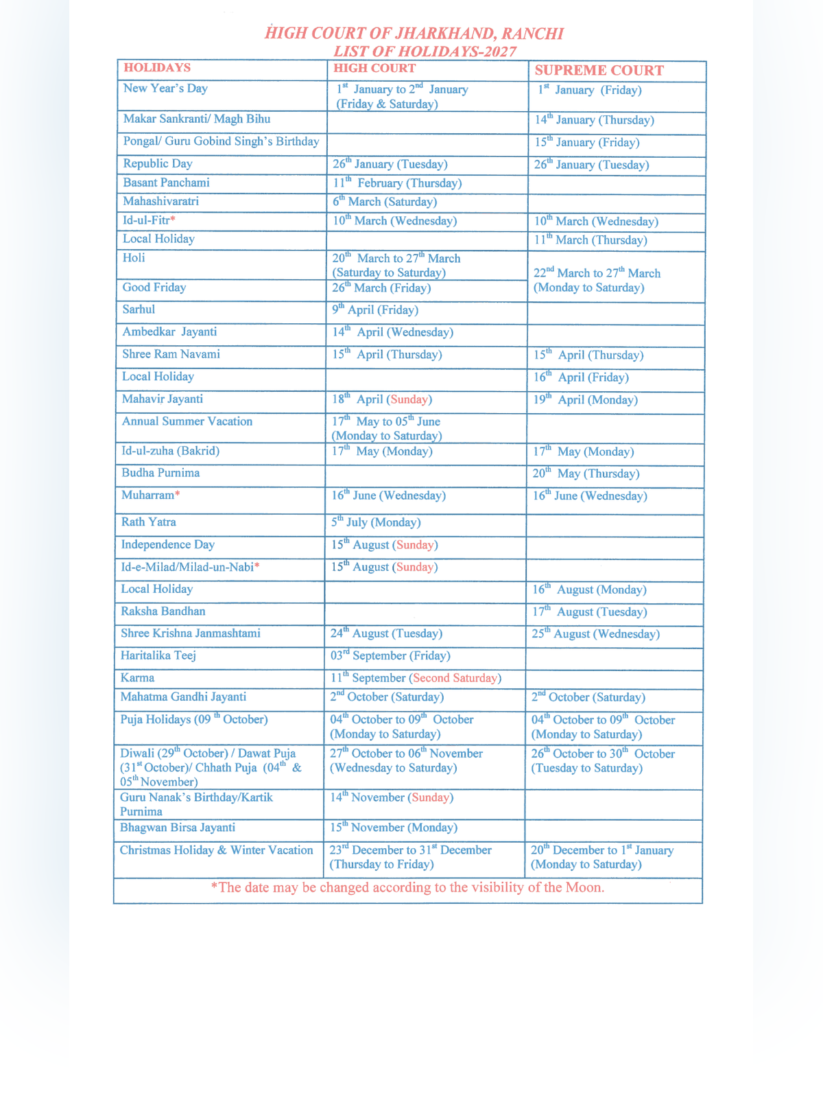 Jharkhand High Court Calendar 2027 page 2