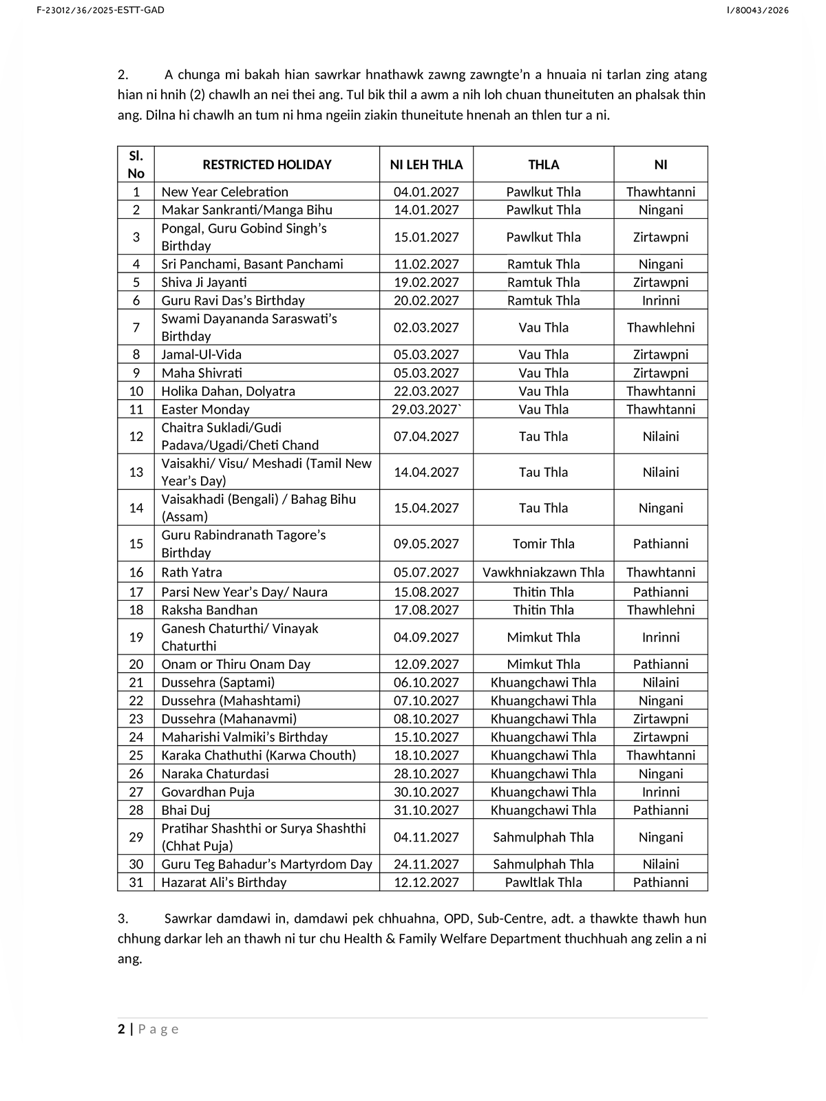 Mizoram State Government Holiday List 2027 page 2