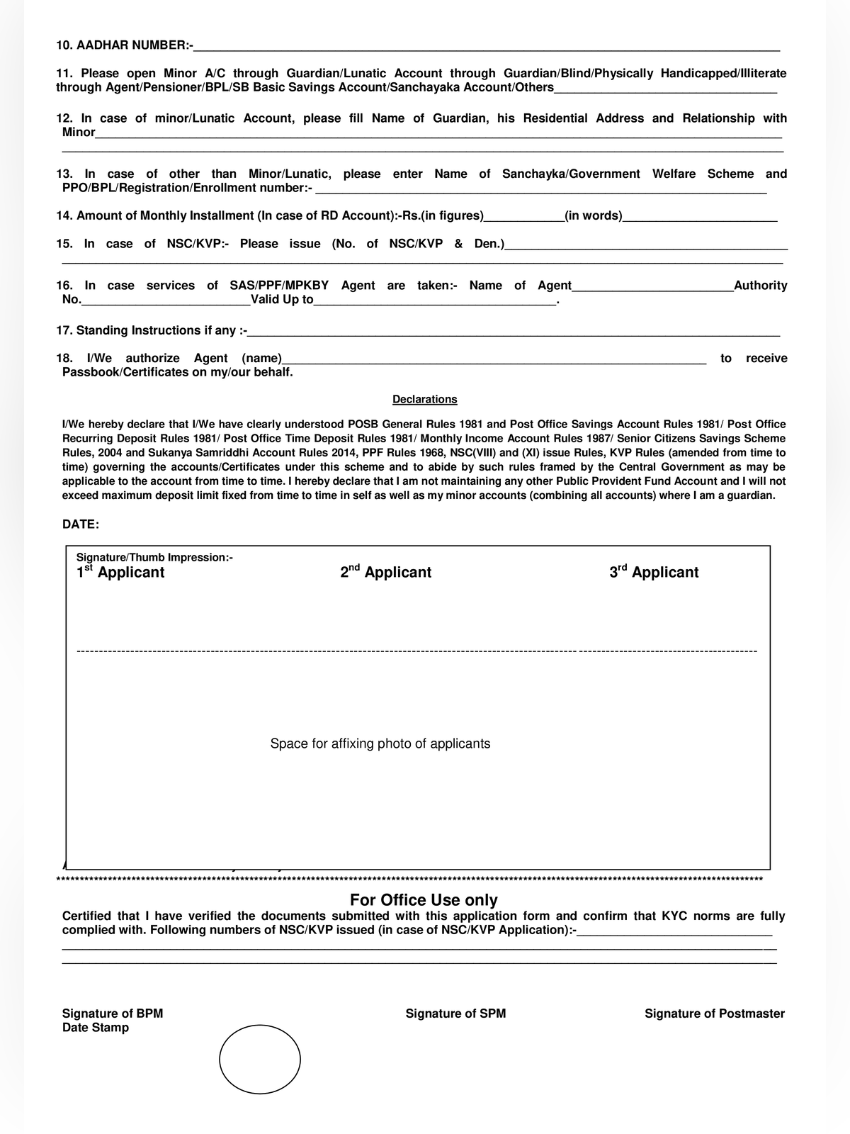 Post Office Savings Bank Account Opening Form page 2