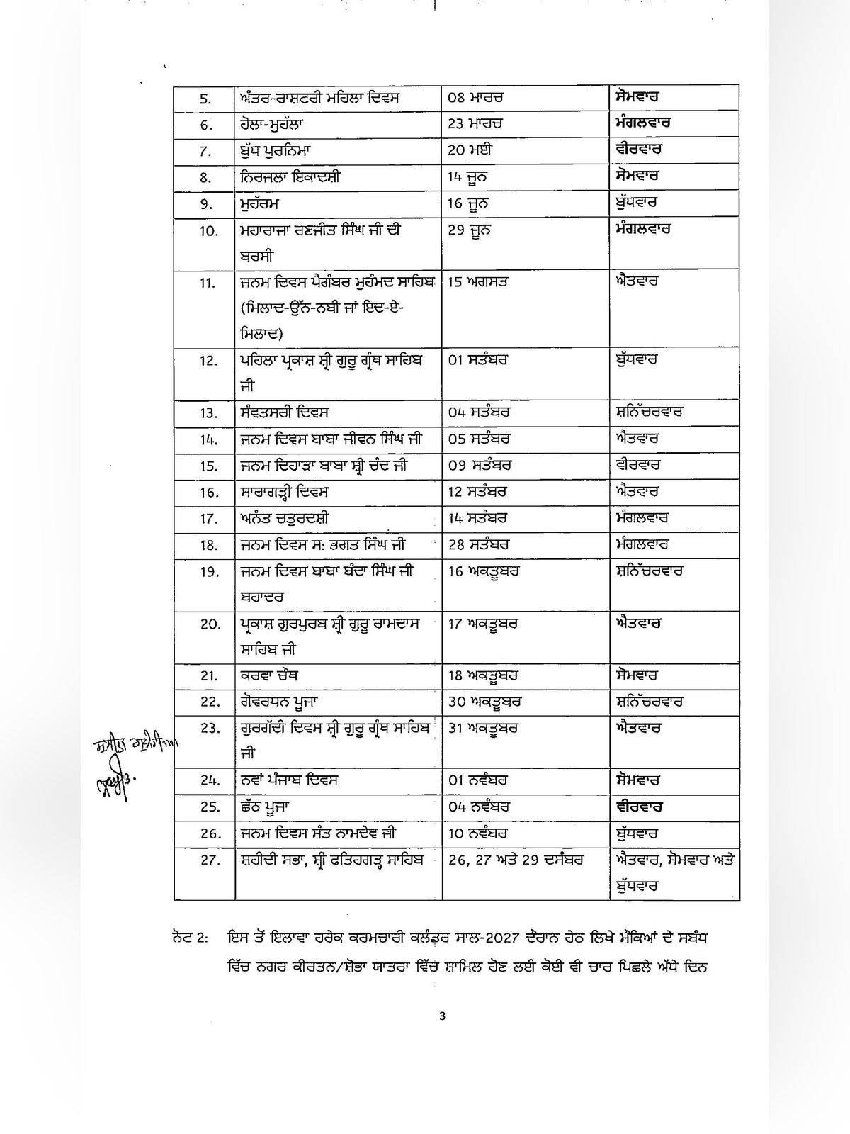 Punjab Govt Holidays List 2027 page 3