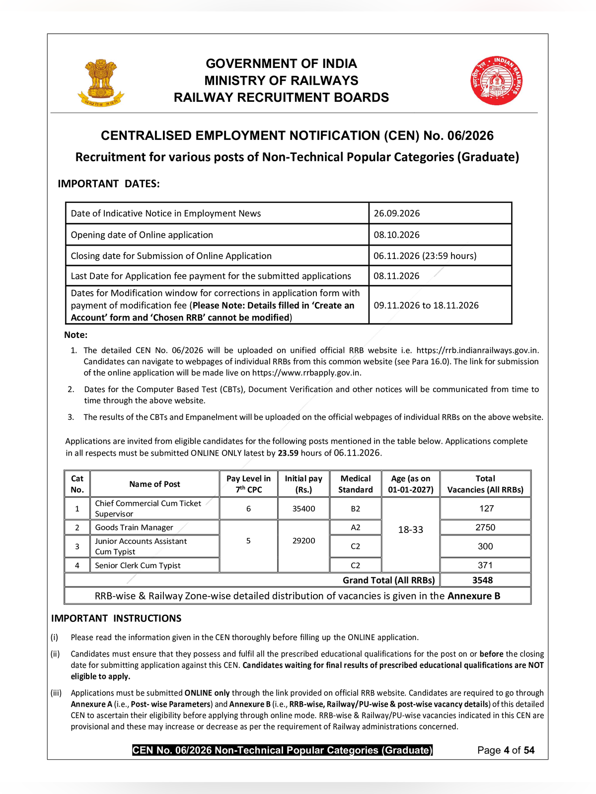RRB NTPC Graduate Notification 2026 page 4