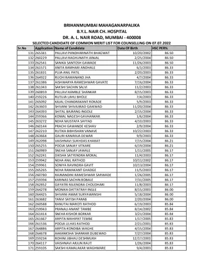 BMC GNM Nursing Merit List 2022