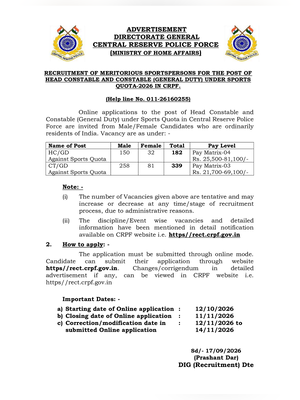 CRPF Constable (Sports Quota) Recruitment 2026 Notification 