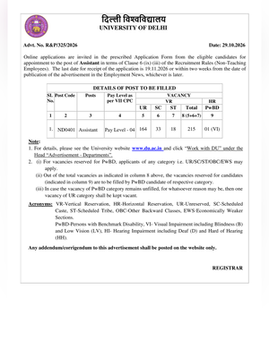 Delhi University Assistant Professor Recruitment 2026 Notification 