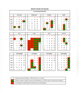 High Court Calendar 2027 