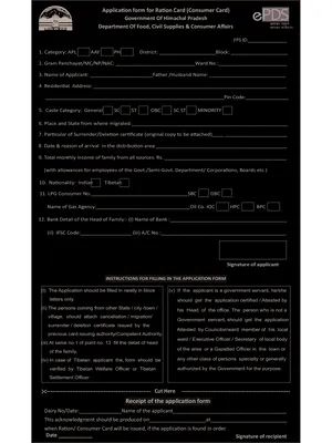 Himachal Pradesh Ration Card Application Form English 