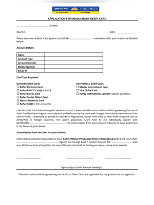 Indian Bank Debit Card Application Form