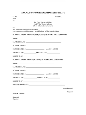 Jammu & Kashmir Marriage Certificate Form