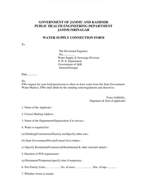 J&K Water Supply Connection Application Form