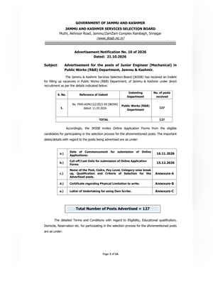 JKSSB JE Recruitment 2026 Notification 
