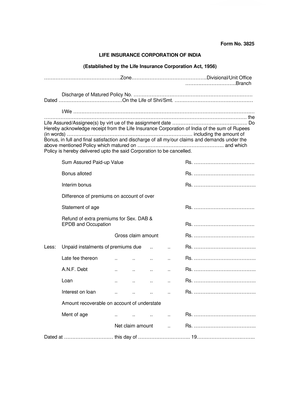 LIC Maturity Form 3825