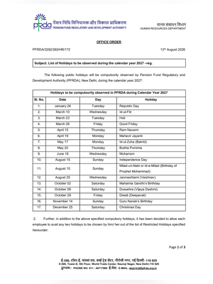 PFRDA Holiday List 2027 