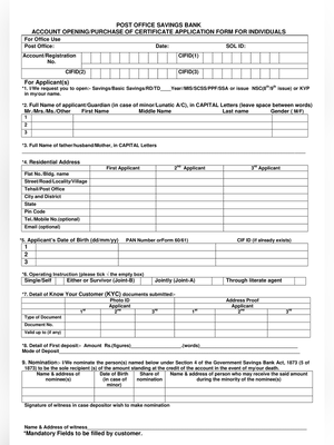 Post Office Savings Bank Account Opening Form