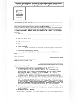 Railway Concession Form for Physically Handicapped