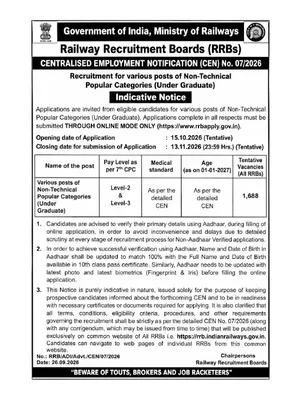 RRB NTPC Recruitment Notification 2026 English