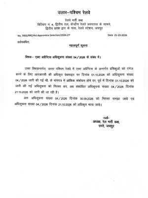 RRC NWR Act Apprentice Revised Notification 2026