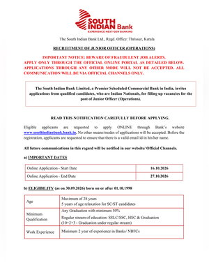 South Indian Bank Junior Officer Recruitment 2026 