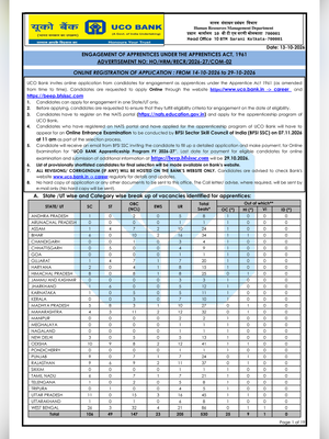 UCO Bank Apprentice Recruitment 2026 Notification PDF 