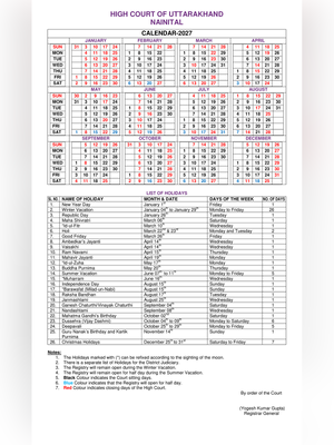 High Court of Uttarakhand Calendar 2027 