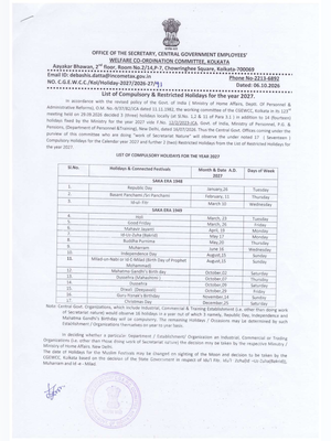 West Bengal Govt Holiday List 2027 