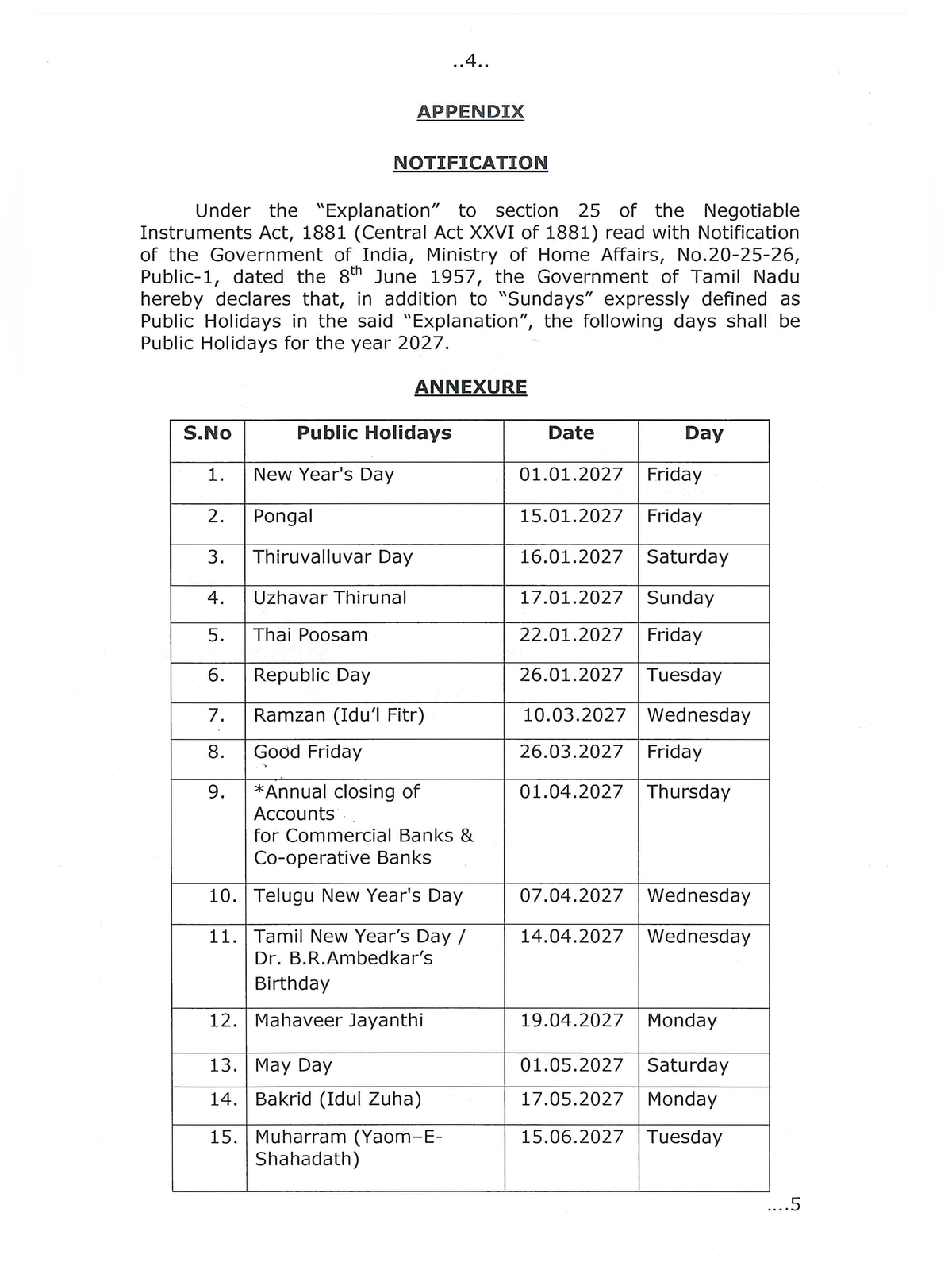 Tamil Nadu Government Holidays 2027 page 4