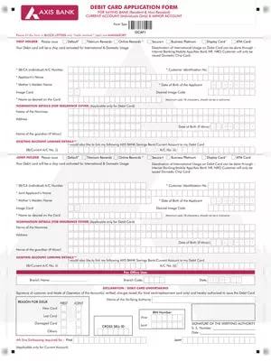 Axis Bank Current Account Debit Card Form