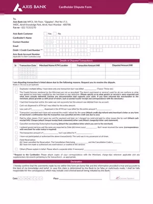Axis Bank Dispute Form For Debit/Credit Card Holder