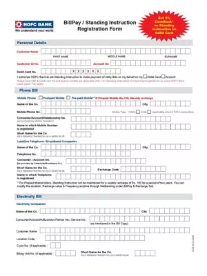 HDFC Bank Bill Payment Registration Form