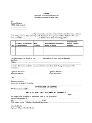 HDFC Bank PPF Nomination Form